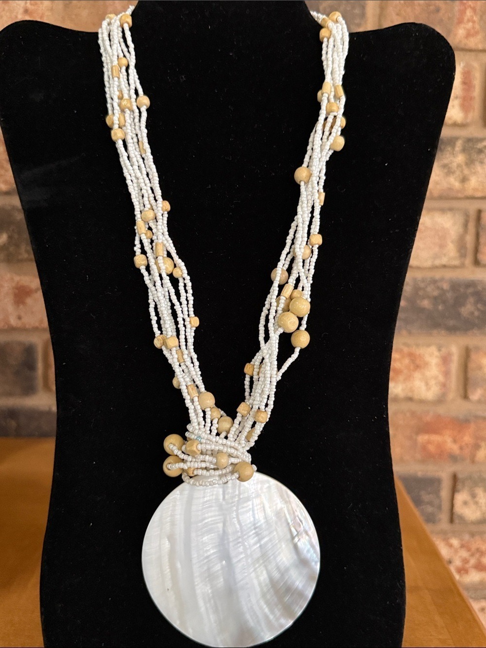 Seashell White Seed & Wood Beaded Multi Strand Statement Necklace Beach Wedding